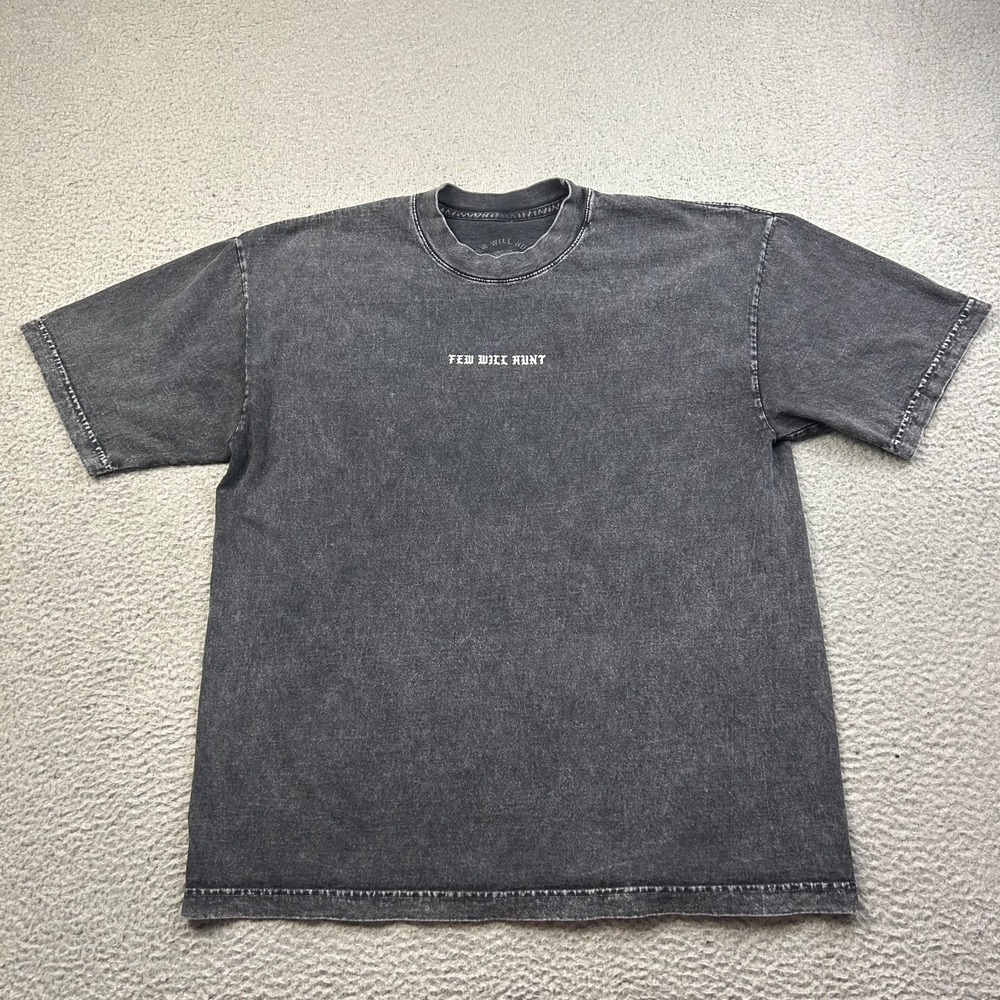 Few Will Hunt Shirt Mens Gray Mineral Wash Graphic Gym Tee Made In USA Large